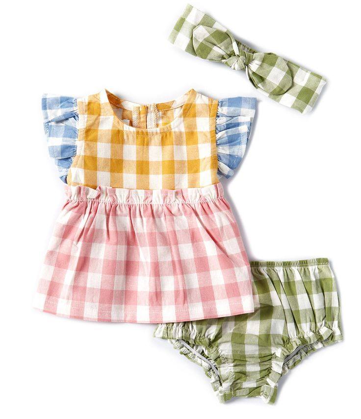 (Custom Design MOQ 5) Pink Blue Yellow Green Plaid Print Baby Girls Summer Bummie Sets