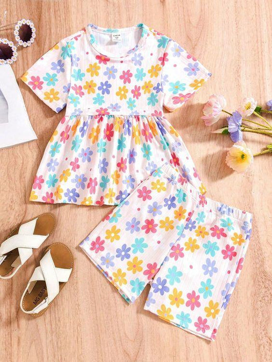 (Custom Design Preorder MOQ 5) Colorful Flowers Print Girls Summer Clothes Set