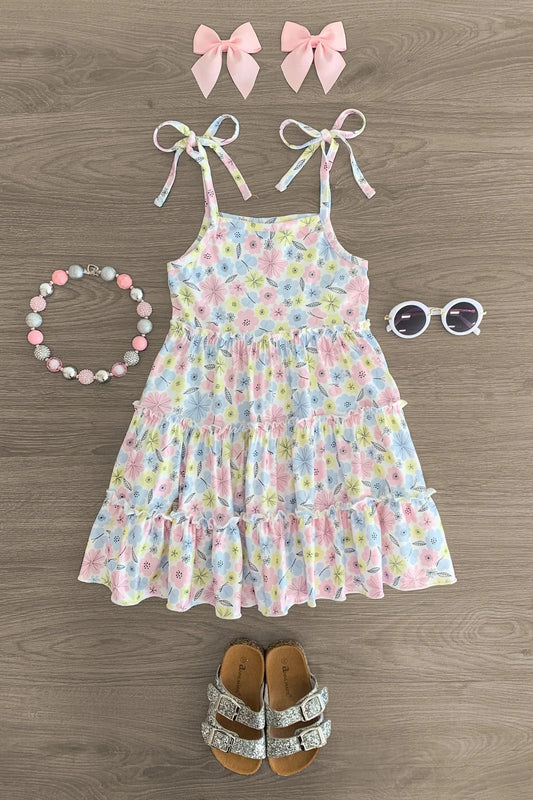 (Custom Design Preorder MOQ 5) Flowers Print Girls Knee Length Summer Strap Dress