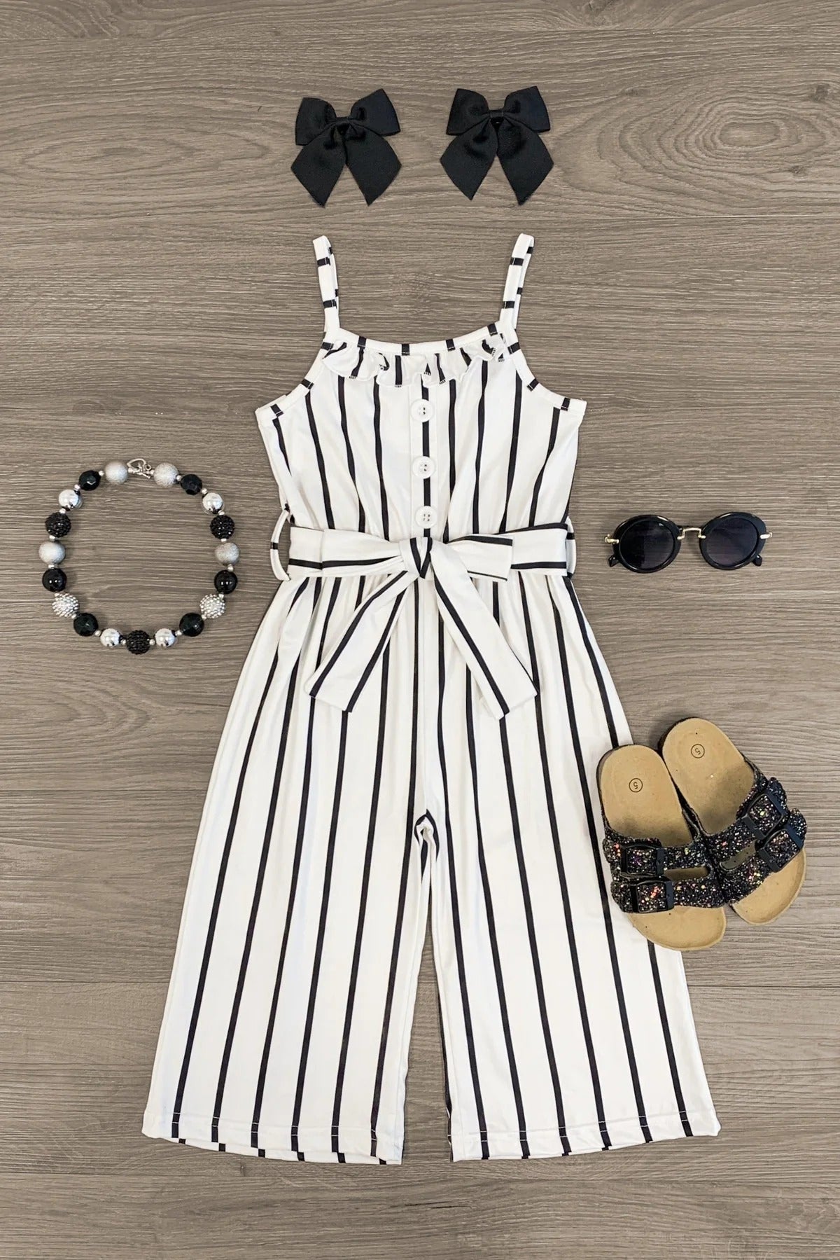 (Custom Design Preorder MOQ 5) White Black Stripes Print Girls Summer Jumpsuits