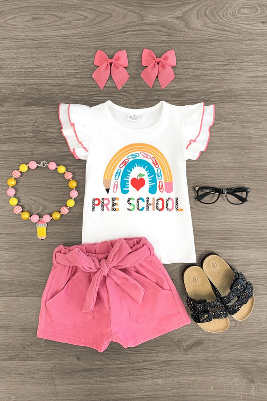 (Custom Design Preorder MOQ 5) PRE SCHOOL Rainbow Top Pink Shorts Girls Back to School Clothes Set