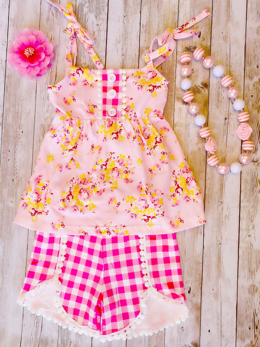 (Custom Design Preorder MOQ 5) Flowers Strap Top Pink Plaid Shorts Girls Summer Clothes Set