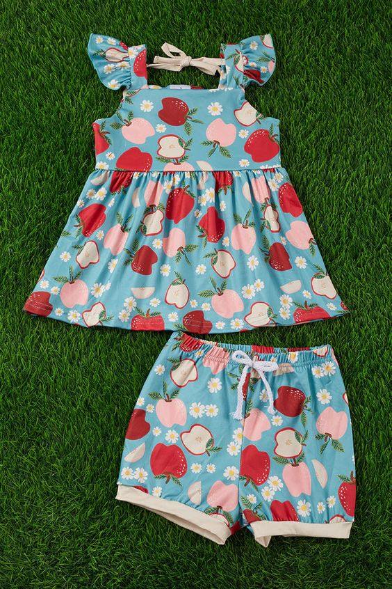 (Custom Design Preorder MOQ 5) Apples Flowers Print Girls Summer Clothes Set
