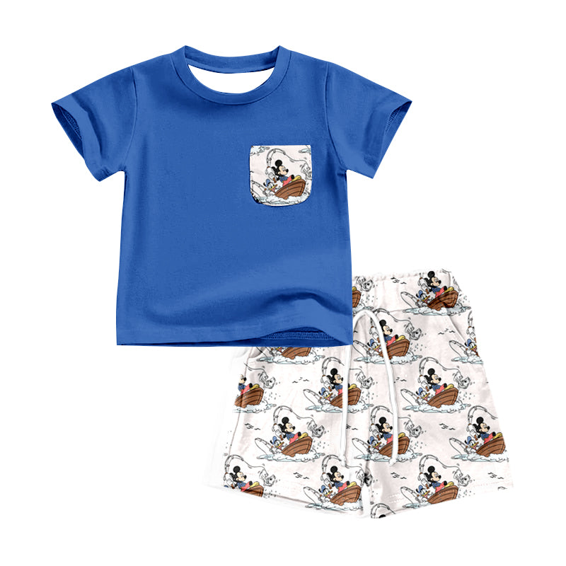 (Custom Design Preorder MOQ 5) Blue Pocket Top Cartoon Mouse Shorts Boys Summer Clothes Set