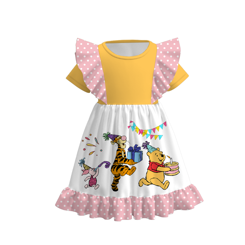 (Custom Design Preorder MOQ 5) Cartoon Bear Birthday Girl Print Girls Knee Length Dress