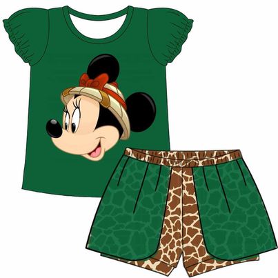 (Custom Design Preorder MOQ 5) Cartoon Mouse Green Top Giraffe Pattern Shorts Girls Summer Clothes Set