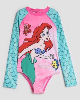 (Custom Design Preorder MOQ 5)  Cartoon Mermaid Print Girls 1 Piece Long Sleeve Swimsuits