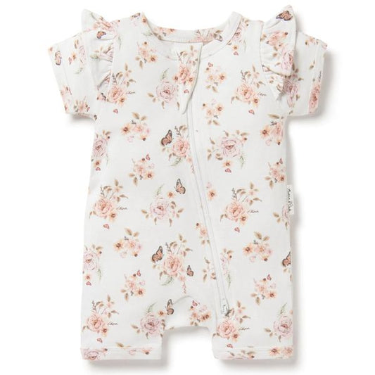 (Custom Design Preorder MOQ 5) Butterfly Flowers Print Baby Girls Summer Zipper Romper