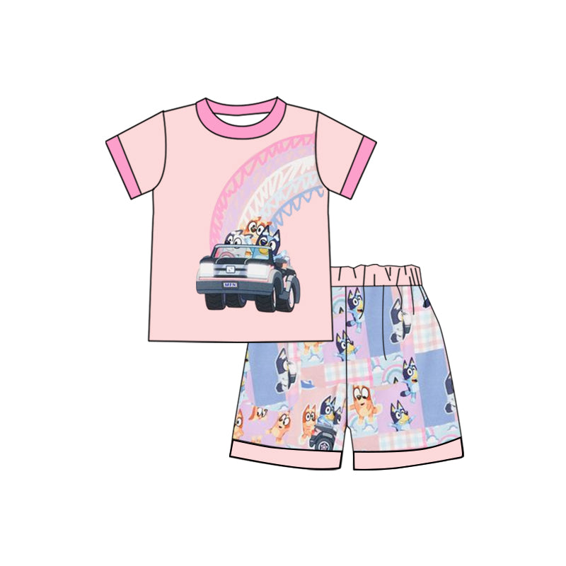 (Custom Design Preorder MOQ 5)  Cartoon Dog Truck Print Girls Summer Clothes Set