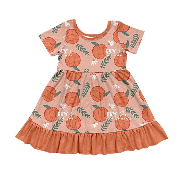 (Custom Design Preorder MOQ 5) Peach Print Girls Knee Length Summer Dress