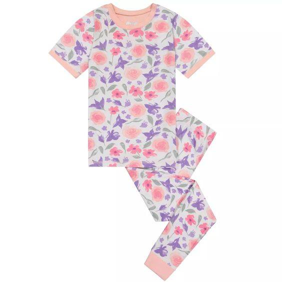 (Custom Design Preorder MOQ 5)  Pink Purple Flowers Print Girls Pajamas Clothes Set