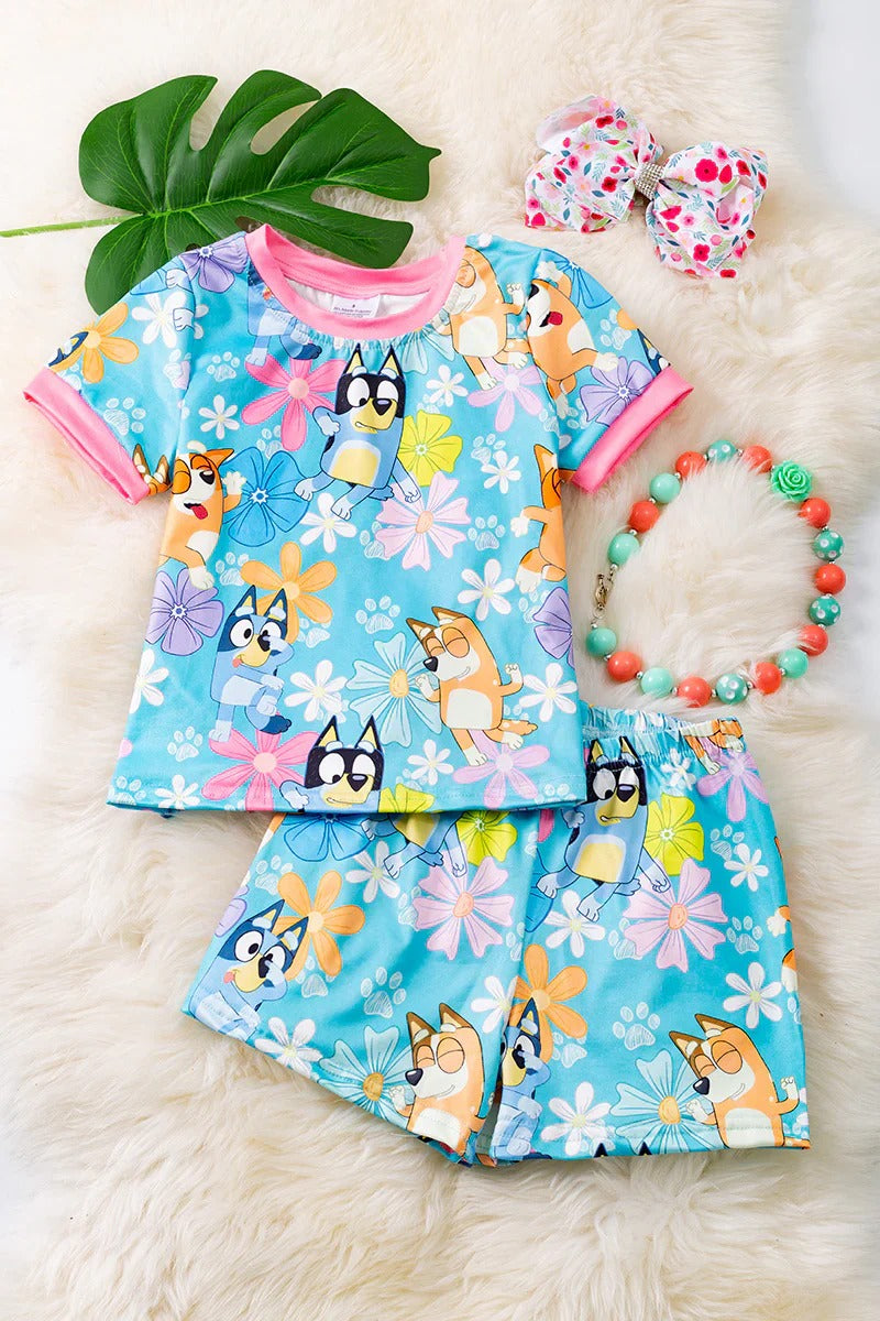 (Custom Design Preorder MOQ 5)  Cartoon Dog Print Girls Summer Pajamas Clothes Set