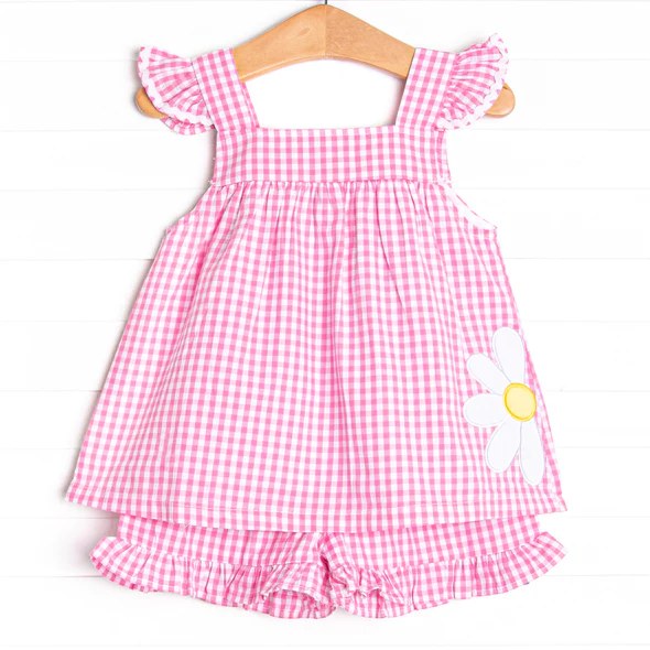 (Custom Design Preorder MOQ 5) Pink Plaid Flowers Print Girls Summer Clothes Set