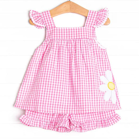 (Custom Design Preorder MOQ 5) Pink Plaid Flowers Print Girls Summer Clothes Set