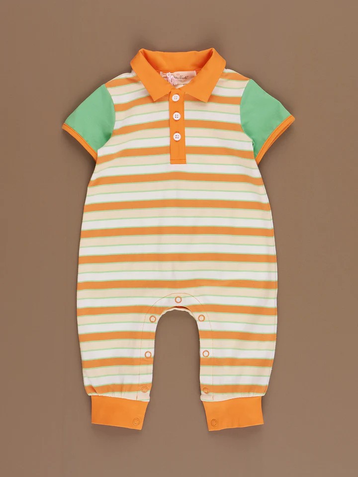 (Custom Design Preorder MOQ 5) Orange Stripes Print Baby Boys Summer Romper