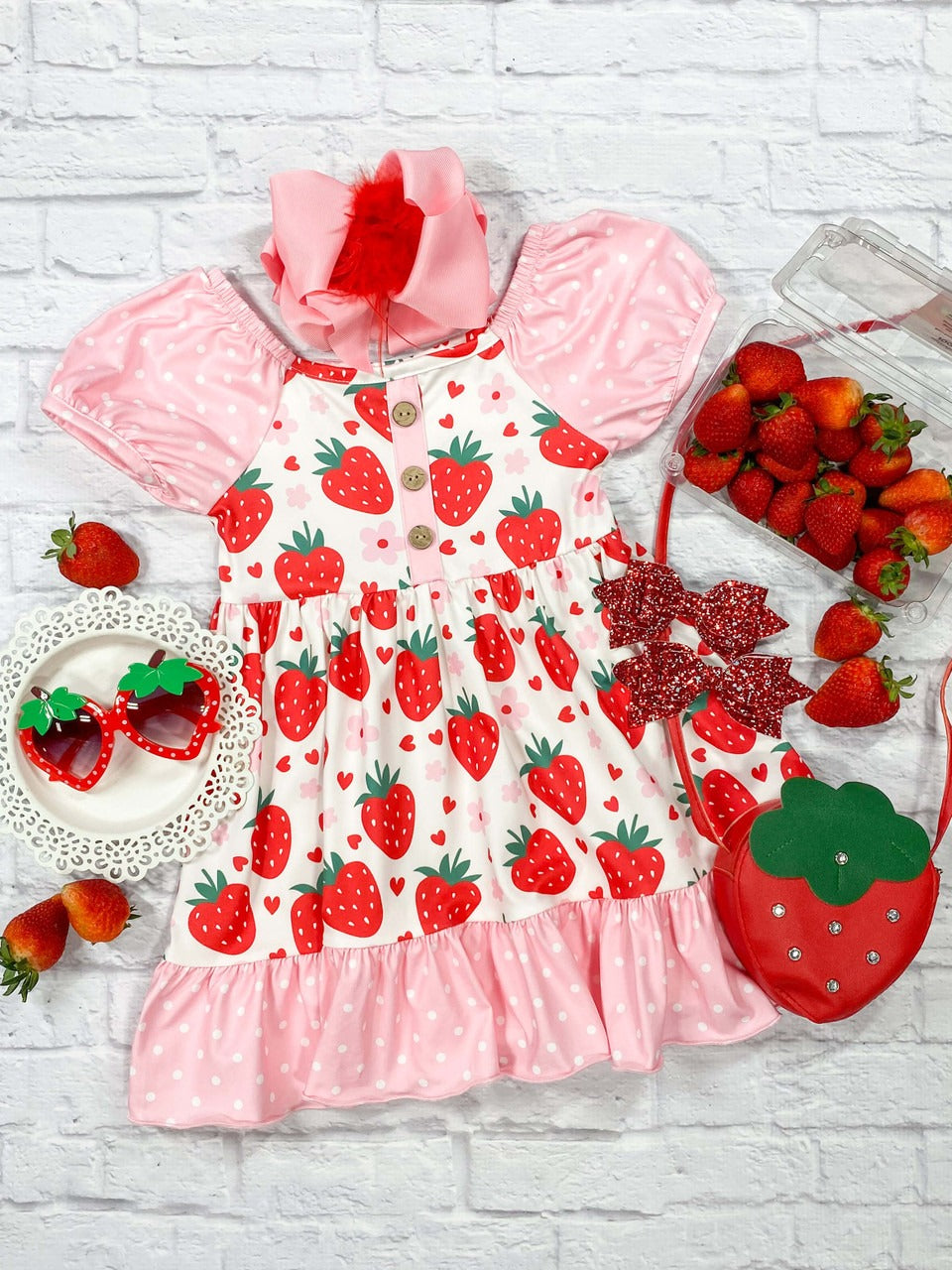 (Custom Design Preorder MOQ 5) Strawberry Print Girls Knee Length Summer Dress