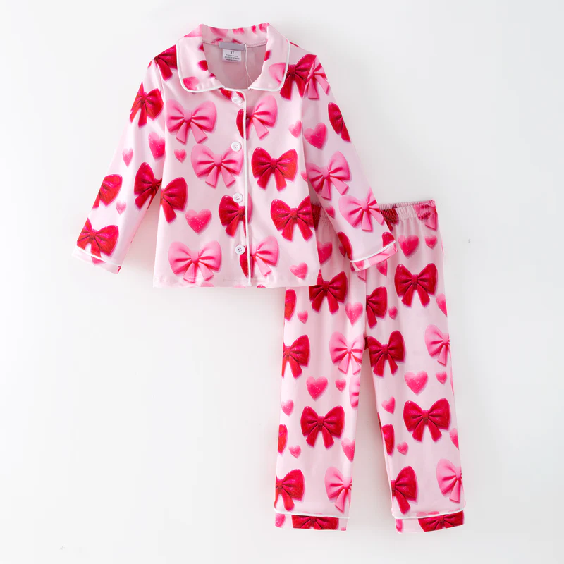 (Custom Design Preorder MOQ 5)  Pink Hearts Bows Print Girls Valentine's Day Buttons Pajamas Clothes Set