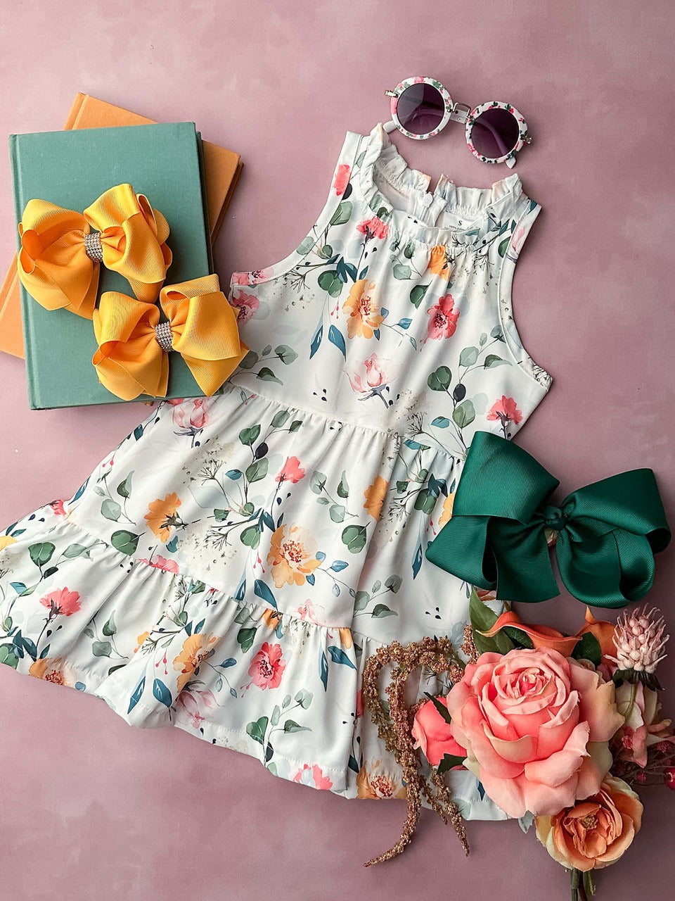 (Custom Design Preorder MOQ 5) Flowers Print Girls Knee Length Summer Dress