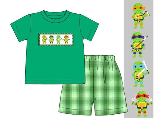 (Custom Design Preorder MOQ 5)  Cartoon Tortoise Green Top Plaid Shorts Boys Summer Clothes Set