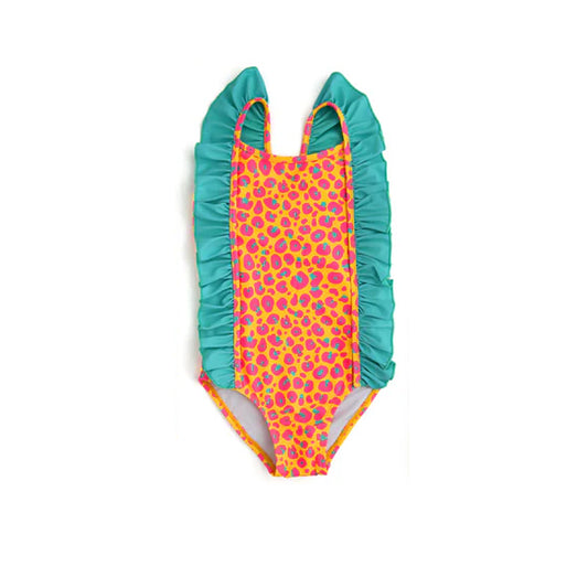 (Custom Design Preorder MOQ 5)  Orange Pink Leopard Print Girls 1 Piece Swimsuits