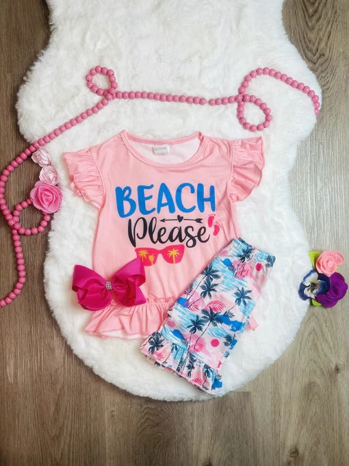 (Custom Design Preorder MOQ 5) Beach Please Print Girls Summer Clothes Set