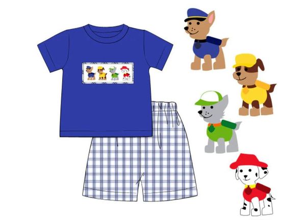 (Custom Design Preorder MOQ 5)  Cartoon Dog Blue Top Plaid Shorts Boys Summer Clothes Set