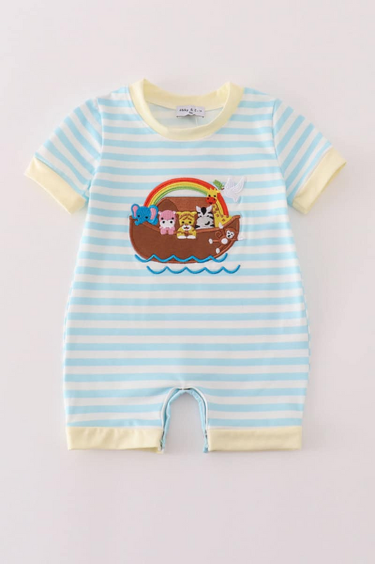 (Custom Design Preorder MOQ 5) Animals Blue Stripes Print Baby Boys Summer Romper