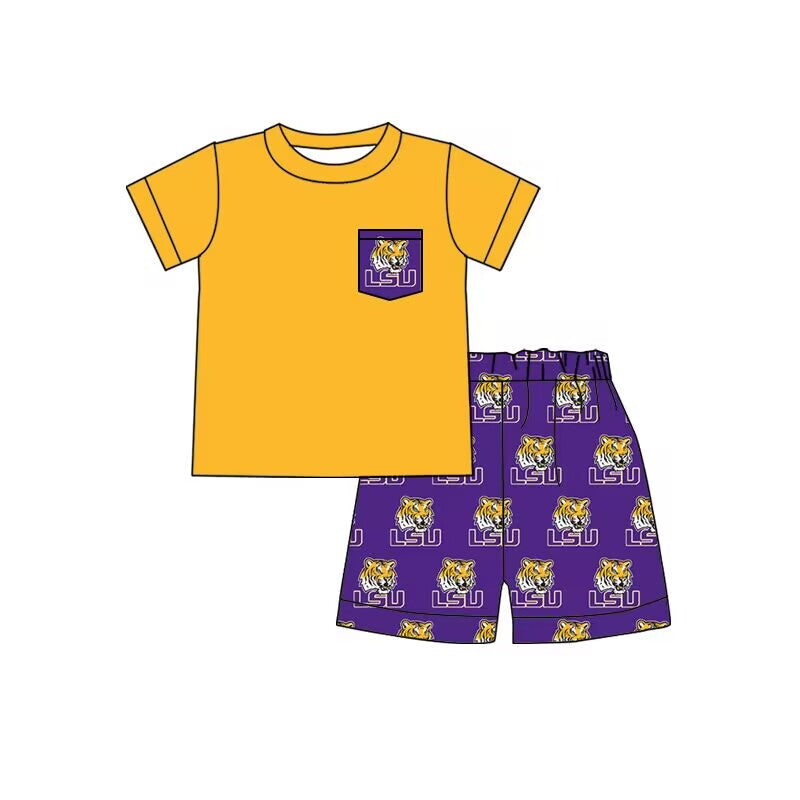 (Custom Design Preorder MOQ 5) Team's LSU TIGERS Yellow Top Purple Shorts Boys Summer Clothes Set