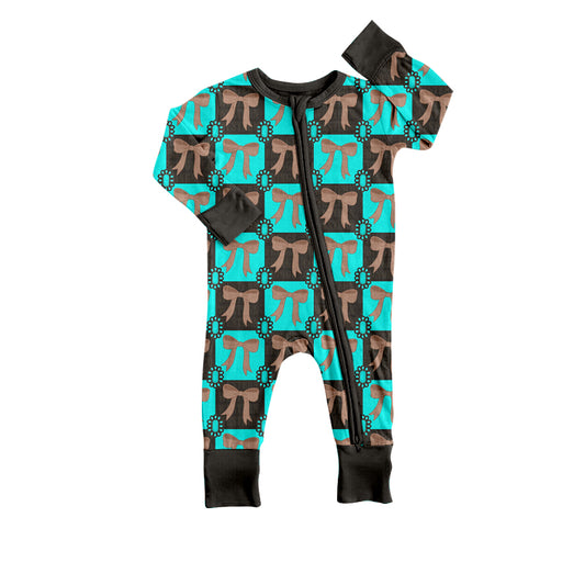 (Custom Design Preorder MOQ 5) Turquoise Bows Print Baby Girls Sleeper Zipper Romper