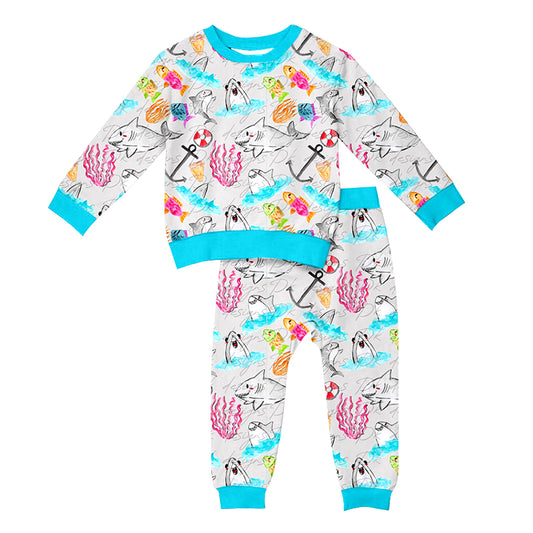 (Custom Design Preorder MOQ 5) Shark Print Girls Fall Pajamas Clothes Set