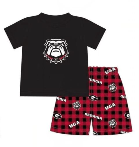 (Custom Design Preorder MOQ 5) Team's Dog GO DAWGS Black Top Plaid Shorts Boys Summer Clothes Set