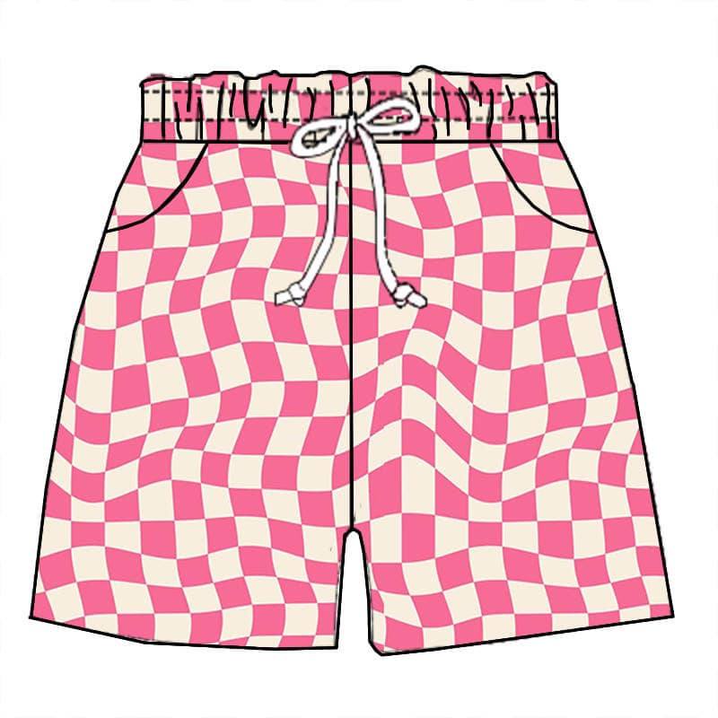 (Custom Design Preorder MOQ 5) Pink Plaid Print Kids Summer Shorts