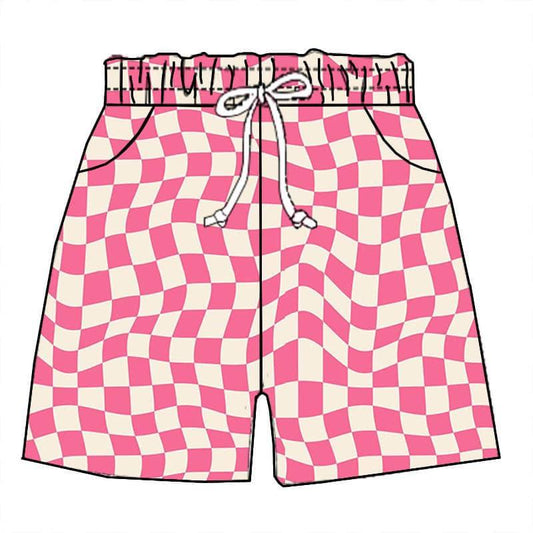 (Custom Design Preorder MOQ 5) Pink Plaid Print Kids Summer Shorts