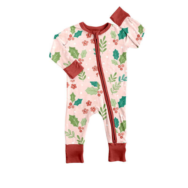 (Custom Design Preorder MOQ 5)  Christmas Holly Print Baby Girls Sleeper Zipper Romper