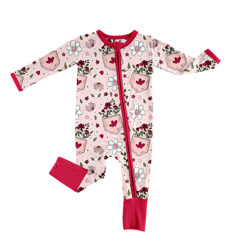 (Custom Design Preorder MOQ 5) Flowers Heart Print Baby Girls Valentine's Zipper Romper