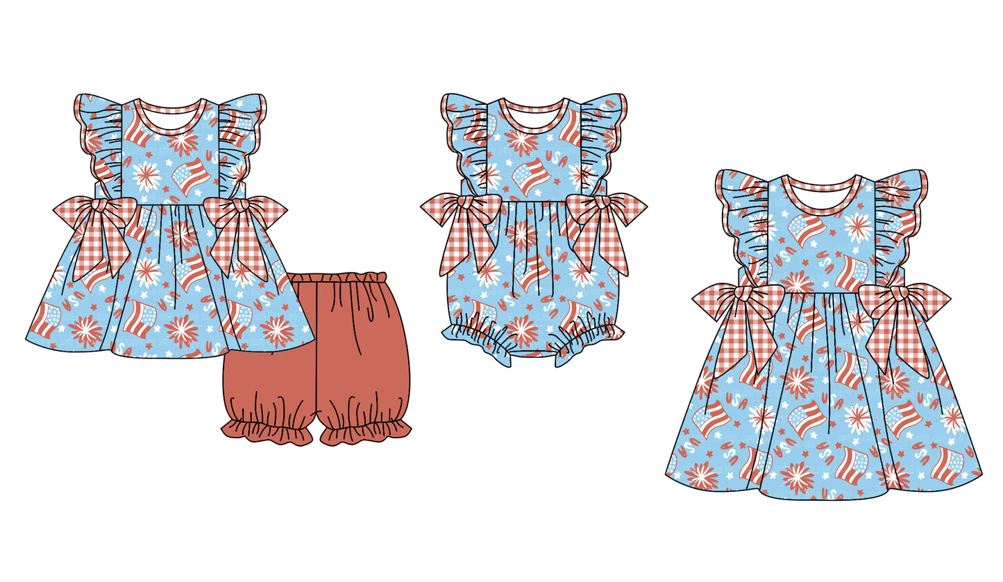 11.29(Custom Design Preorder MOQ 5 Each Design) Flag USA Print Girls 4th of July Matching Clothes Sisters Wear