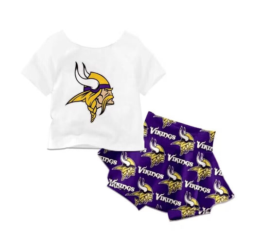 (Custom Design Preorder MOQ 5) Team's Vikings Print Girls Summer Clothes Set