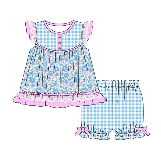 (Custom Design Preorder MOQ 5) Flowers Tunic Top Blue Plaid Shorts Girls Summer Clothes Set