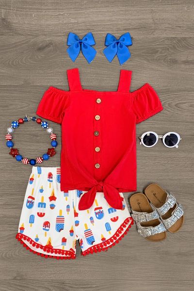 (Custom Design Preorder MOQ 5) Red Top Pom pom Shorts Girls 4th of July Clothes Set