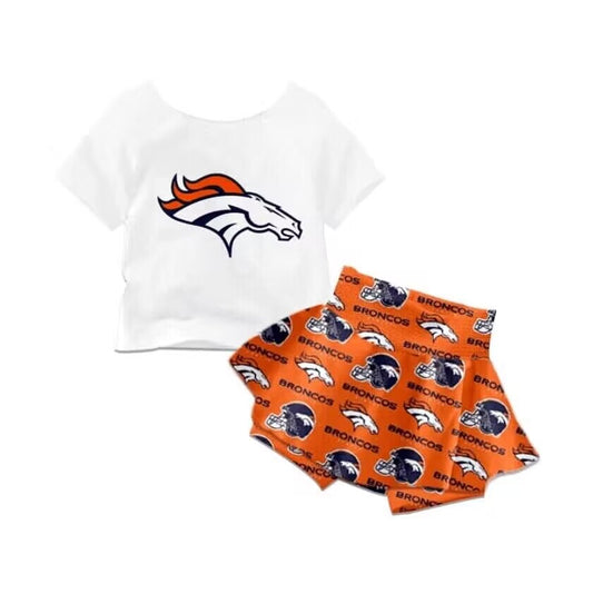 (Custom Design Preorder MOQ 5) Team's Broncos Print Girls Summer Clothes Set