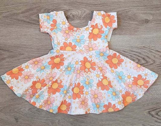(Custom Design Preorder MOQ 5)  Orange Flowers Print Girls Knee Length Dress