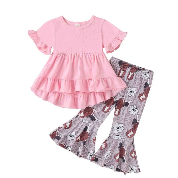 (Custom Design Preorder MOQ 5) Pink Top Highland Cow Bell Pants Girls Western Clothes Set