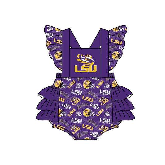 (Custom Design Preorder MOQ 5)  Team's LSU Purple Print Baby Girls Summer Romper