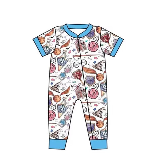 (Custom Design Preorder MOQ 5) Cartoon Magic Print Baby Summer Zipper Romper