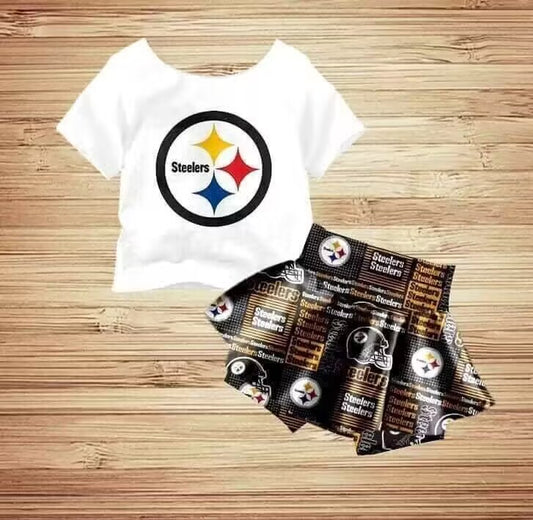 (Custom Design Preorder MOQ 5)Team's Steelers Print Boys Summer Clothes Set