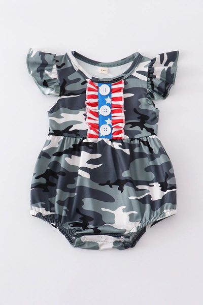 (Custom Design Preorder MOQ 5) Camo Stars Print Baby Girls 4th of July Romper