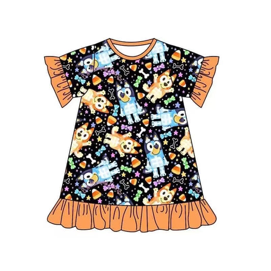 (Custom Design Preorder MOQ 5) Cartoon Dog Candy Print Girls Knee Length Halloween Dress