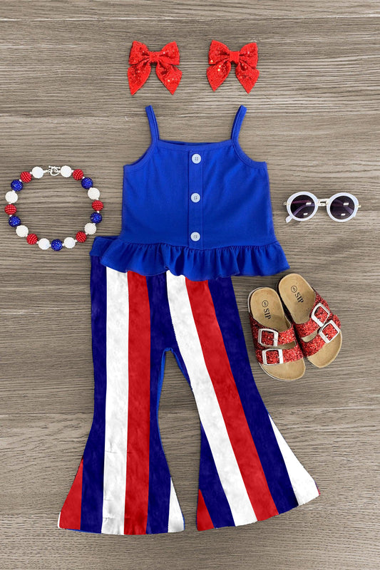 (Custom Design Preorder MOQ 5) Blue Top Stripes Bell Pants Girls 4th of July Clothes Set