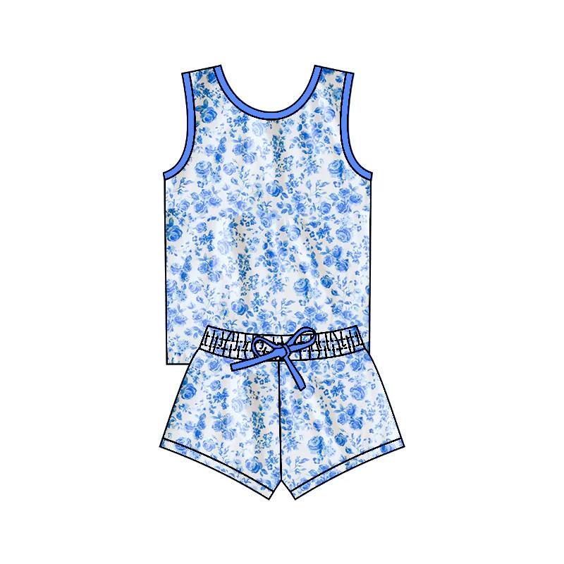 (Custom Design Preorder MOQ 5) Blue Flowers Print Girls Summer Clothes Set