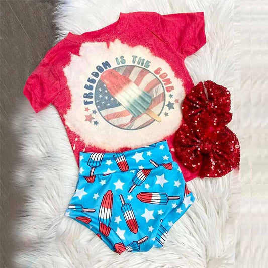 (Custom Design Preorder MOQ 5) Popsicle Stars Print Baby Girls 4th of July Bummie Sets
